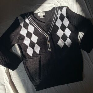 Rare vintage black and white rayon blend checkered plaid design vest sweater